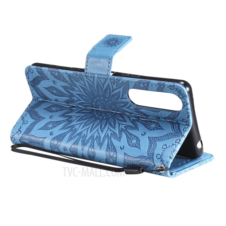 Flower Pattern Imprinting PU Leather Wallet Phone Cover with Stand for Sony Xperia 5 III 5G - Blue-5