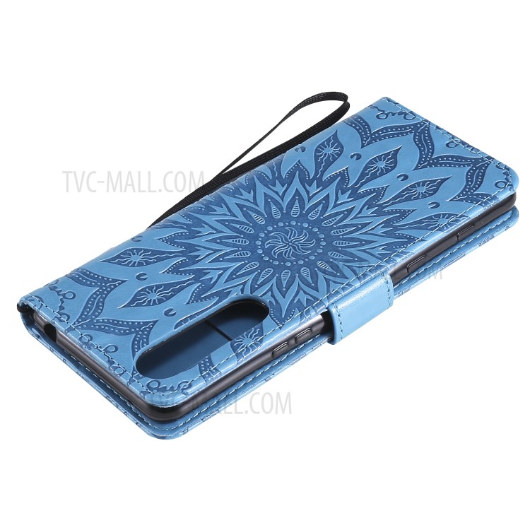 Flower Pattern Imprinting PU Leather Wallet Phone Cover with Stand for Sony Xperia 5 III 5G - Blue-9
