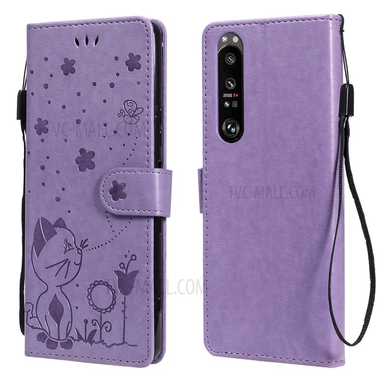 Folio Flip Cat and Bee Pattern Imprinting Leather Case with Wallet Stand for Sony Xperia 1 III 5G - Purple-1