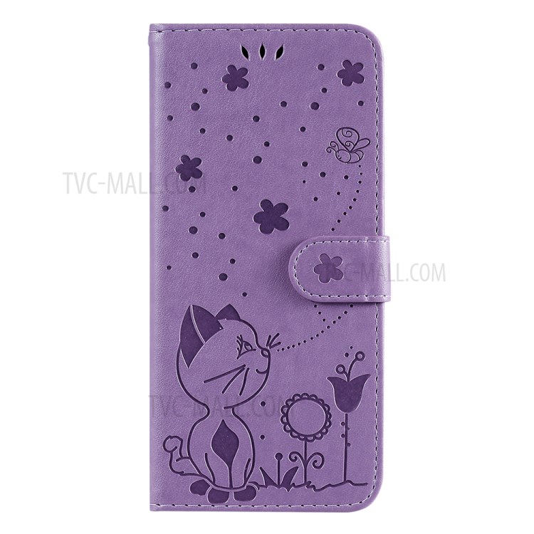 Folio Flip Cat and Bee Pattern Imprinting Leather Case with Wallet Stand for Sony Xperia 1 III 5G - Purple-11