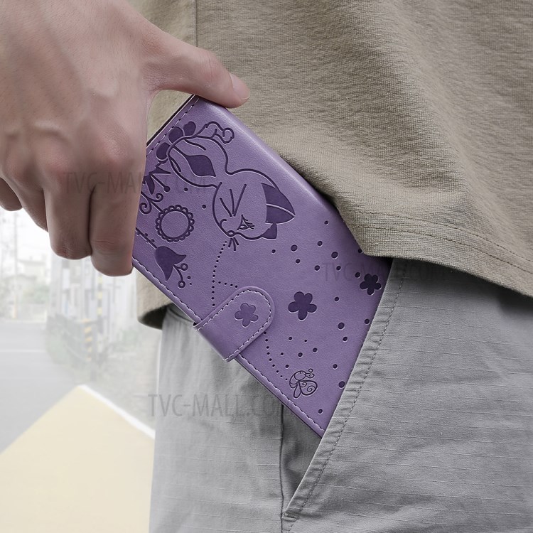 Folio Flip Cat and Bee Pattern Imprinting Leather Case with Wallet Stand for Sony Xperia 1 III 5G - Purple-13