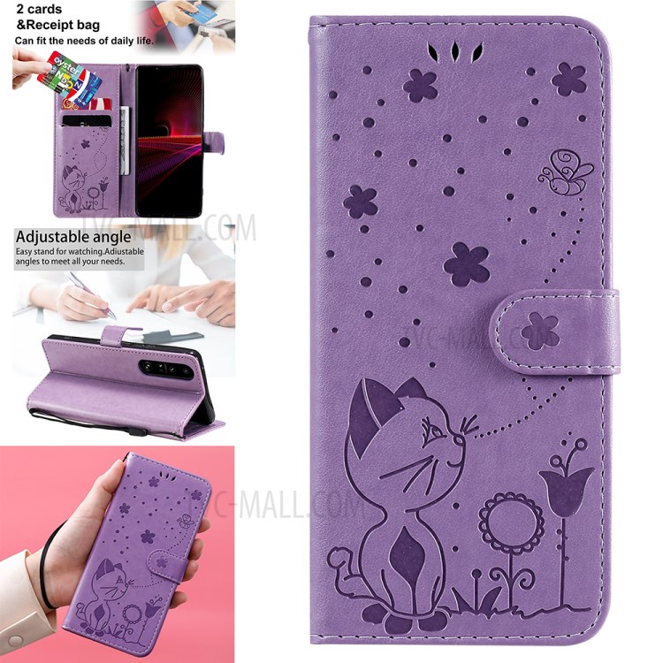 Folio Flip Cat and Bee Pattern Imprinting Leather Case with Wallet Stand for Sony Xperia 1 III 5G - Purple-14