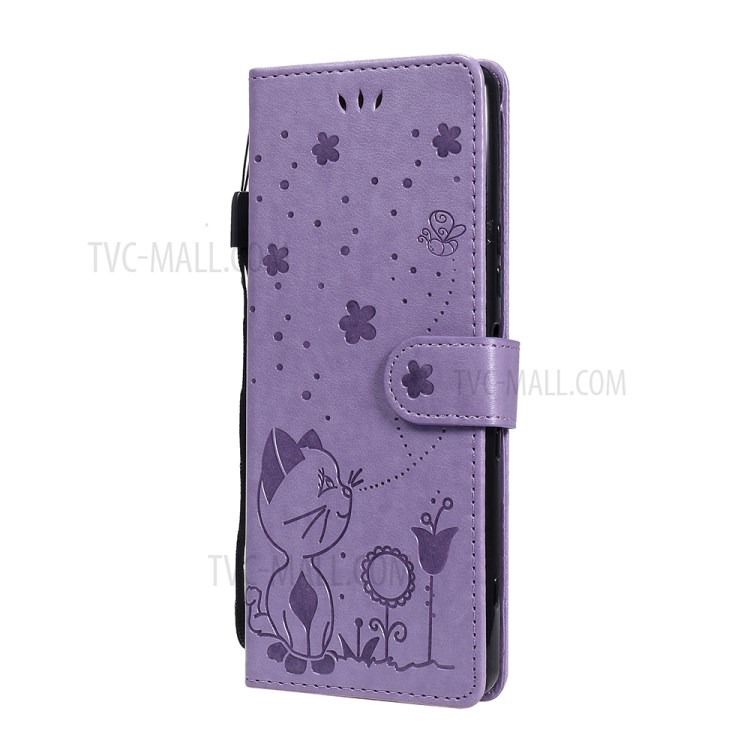 Folio Flip Cat and Bee Pattern Imprinting Leather Case with Wallet Stand for Sony Xperia 1 III 5G - Purple-2