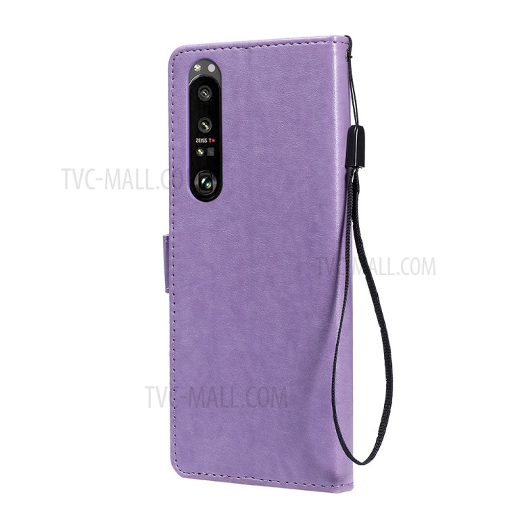 Folio Flip Cat and Bee Pattern Imprinting Leather Case with Wallet Stand for Sony Xperia 1 III 5G - Purple-3