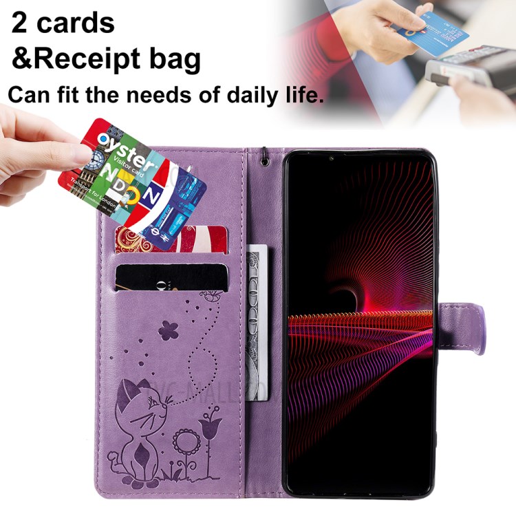 Folio Flip Cat and Bee Pattern Imprinting Leather Case with Wallet Stand for Sony Xperia 1 III 5G - Purple-4
