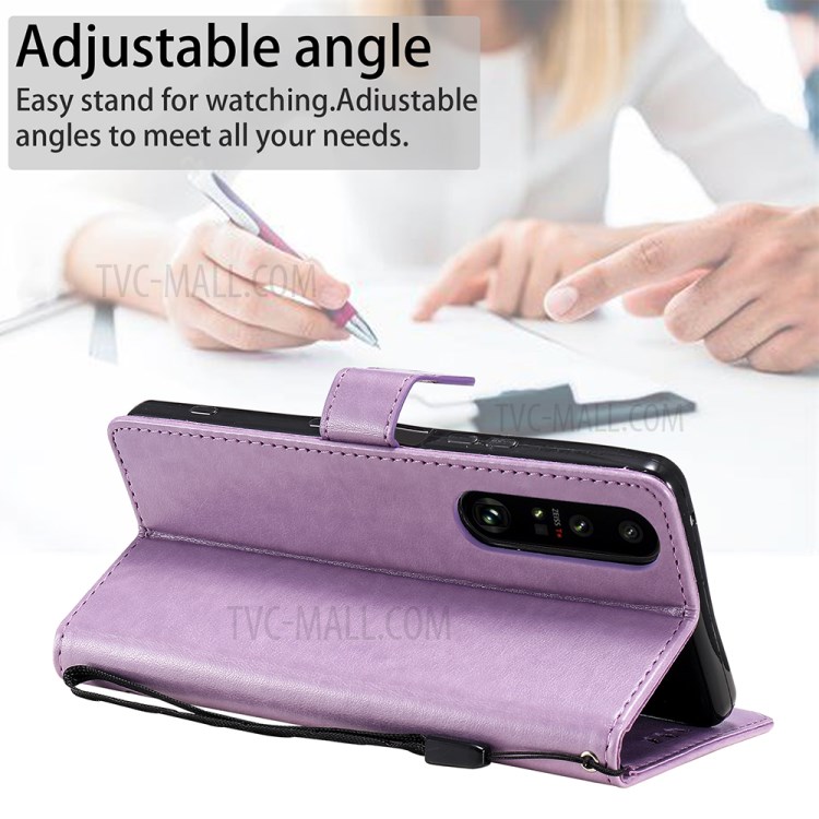 Folio Flip Cat and Bee Pattern Imprinting Leather Case with Wallet Stand for Sony Xperia 1 III 5G - Purple-5