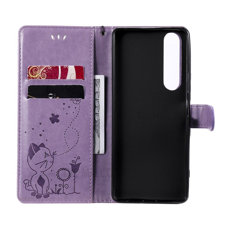 Folio Flip Cat and Bee Pattern Imprinting Leather Case with Wallet Stand for Sony Xperia 1 III 5G - Purple-6