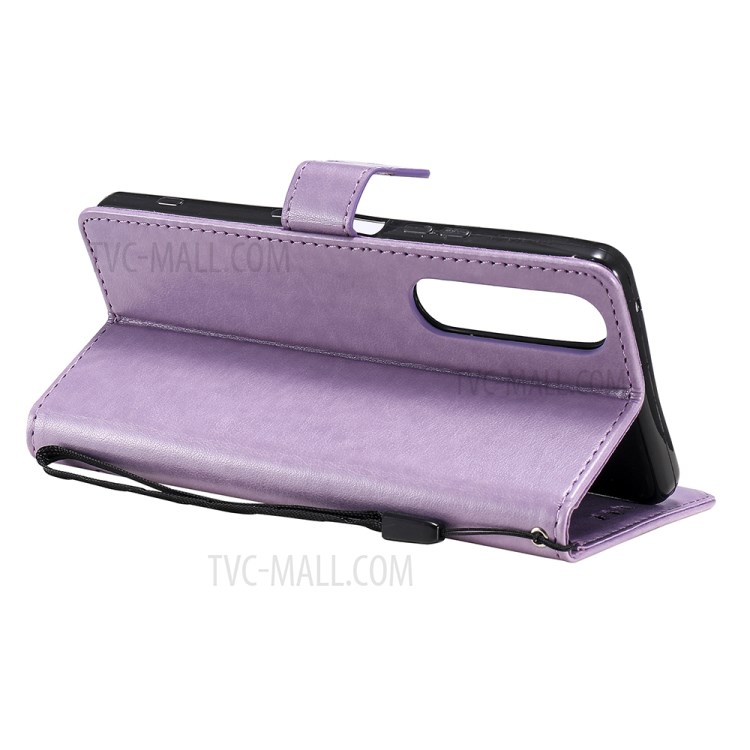 Folio Flip Cat and Bee Pattern Imprinting Leather Case with Wallet Stand for Sony Xperia 1 III 5G - Purple-7