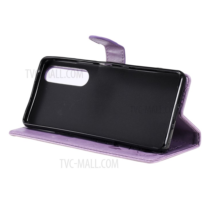 Folio Flip Cat and Bee Pattern Imprinting Leather Case with Wallet Stand for Sony Xperia 1 III 5G - Purple-8