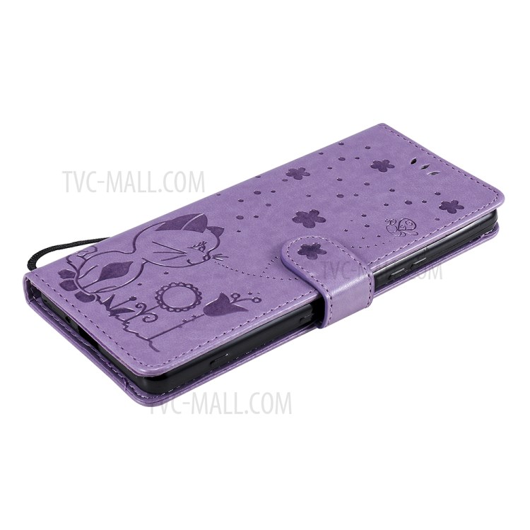 Folio Flip Cat and Bee Pattern Imprinting Leather Case with Wallet Stand for Sony Xperia 1 III 5G - Purple-9