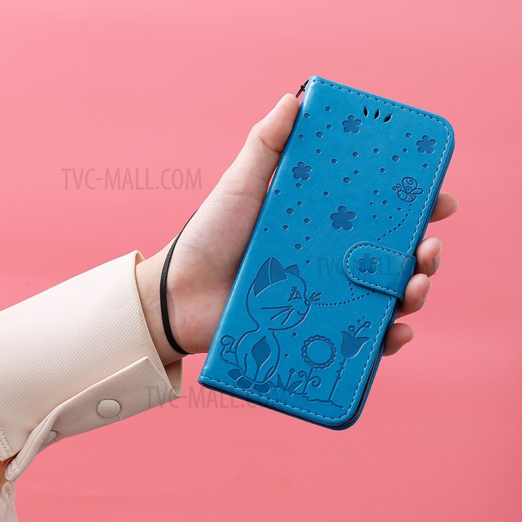 Wallet Stand Design Cat and Bee Pattern Imprinting Folio Flip Leather Case for Sony Xperia 5 III 5G - Blue-12