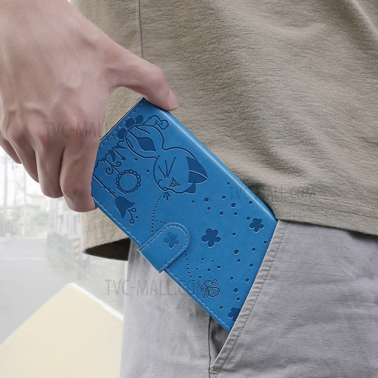 Wallet Stand Design Cat and Bee Pattern Imprinting Folio Flip Leather Case for Sony Xperia 5 III 5G - Blue-13