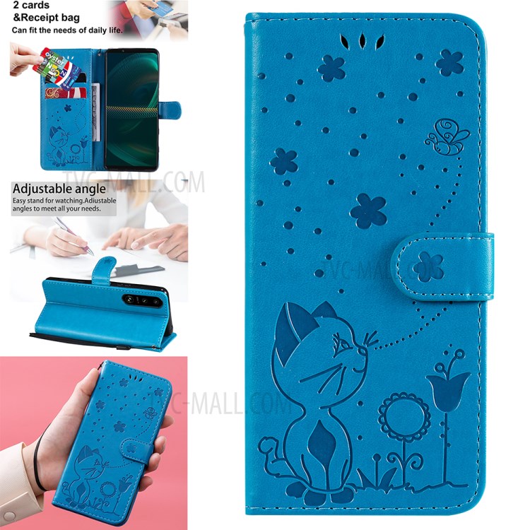 Wallet Stand Design Cat and Bee Pattern Imprinting Folio Flip Leather Case for Sony Xperia 5 III 5G - Blue-14