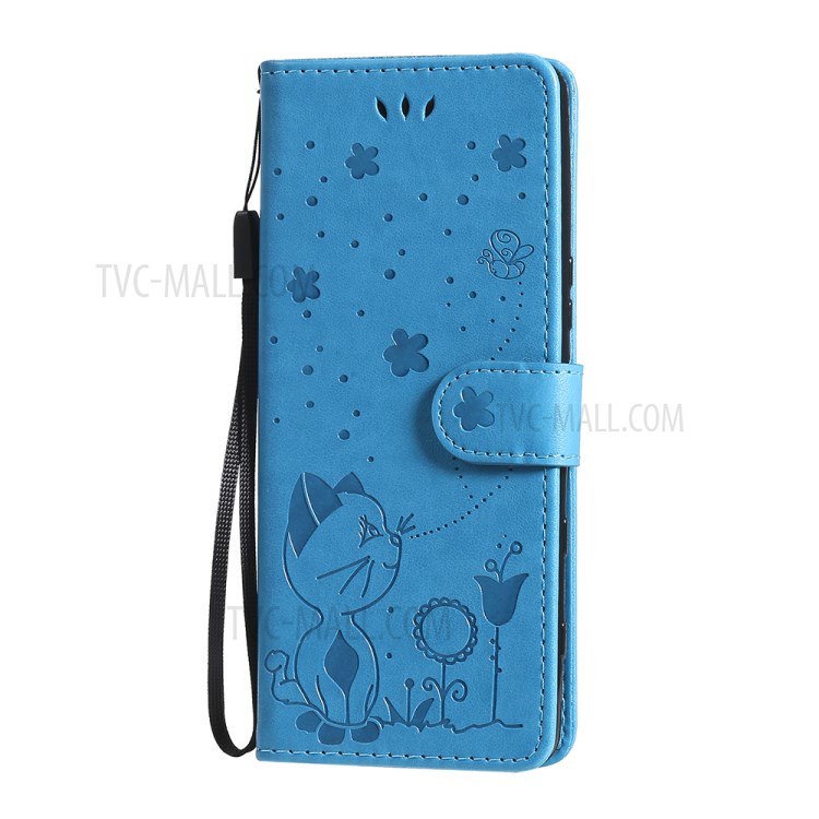 Wallet Stand Design Cat and Bee Pattern Imprinting Folio Flip Leather Case for Sony Xperia 5 III 5G - Blue-2