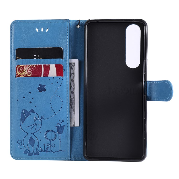 Wallet Stand Design Cat and Bee Pattern Imprinting Folio Flip Leather Case for Sony Xperia 5 III 5G - Blue-6