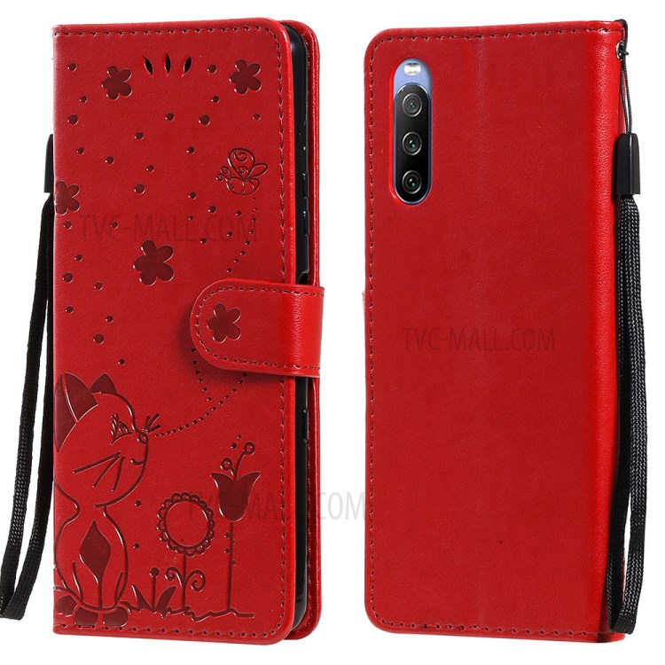 Wallet Design Cat and Bee Pattern Imprinting Folio Flip Leather Stand Case for Sony Xperia 10 III 5G - Red-1