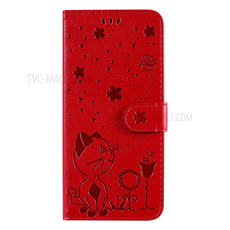 Wallet Design Cat and Bee Pattern Imprinting Folio Flip Leather Stand Case for Sony Xperia 10 III 5G - Red-11