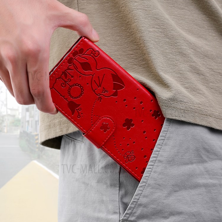 Wallet Design Cat and Bee Pattern Imprinting Folio Flip Leather Stand Case for Sony Xperia 10 III 5G - Red-13