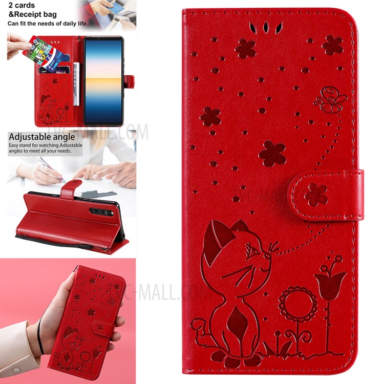 Wallet Design Cat and Bee Pattern Imprinting Folio Flip Leather Stand Case for Sony Xperia 10 III 5G - Red-14
