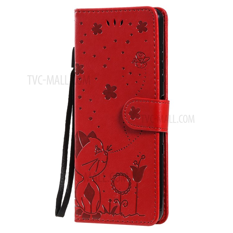 Wallet Design Cat and Bee Pattern Imprinting Folio Flip Leather Stand Case for Sony Xperia 10 III 5G - Red-2