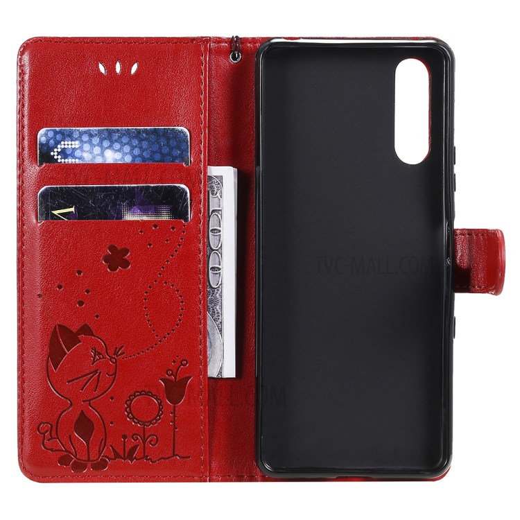Wallet Design Cat and Bee Pattern Imprinting Folio Flip Leather Stand Case for Sony Xperia 10 III 5G - Red-6