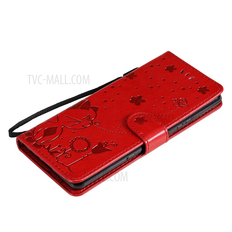 Wallet Design Cat and Bee Pattern Imprinting Folio Flip Leather Stand Case for Sony Xperia 10 III 5G - Red-9