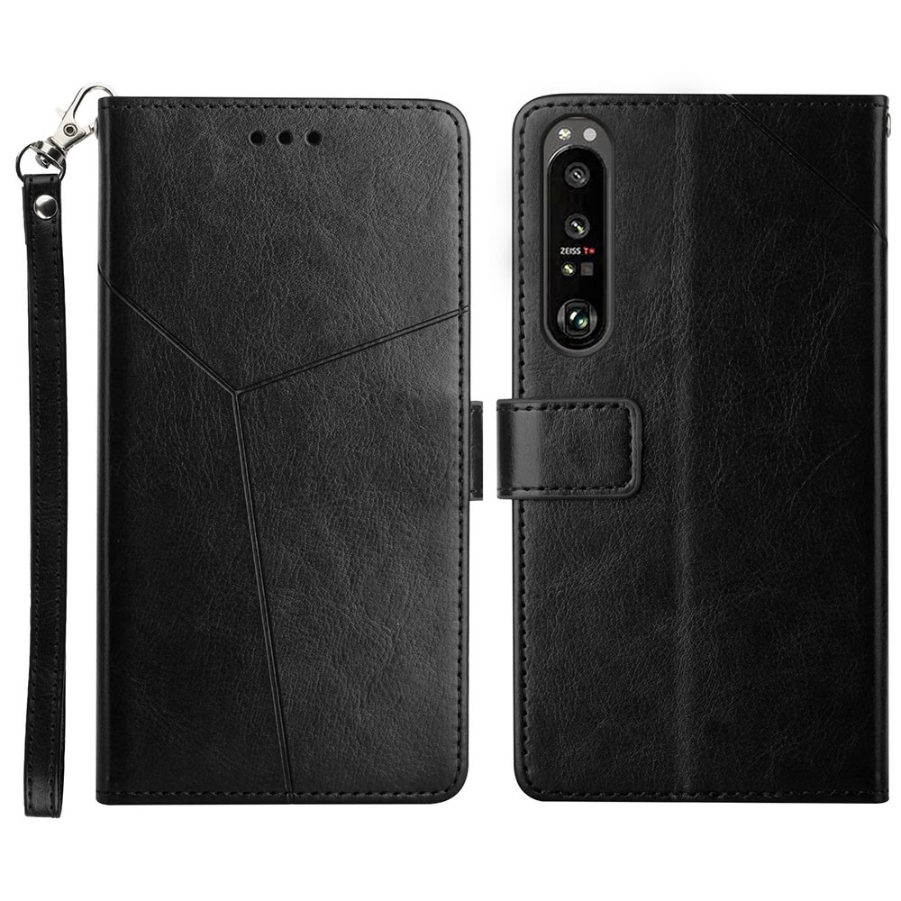 For Sony Xperia 1 III 5G Y-shaped Line Imprinting Shock-absorbed PU Leather Phone Wallet Shell Stand Cover - Black-1