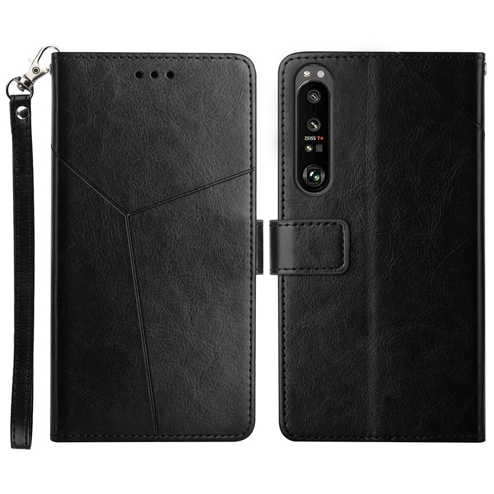 TPU+PU Leather Phone Case Stylish Y-shaped Line Imprinting Wallet Shell Stand Cover for Sony Xperia 5 III 5G - Black-1