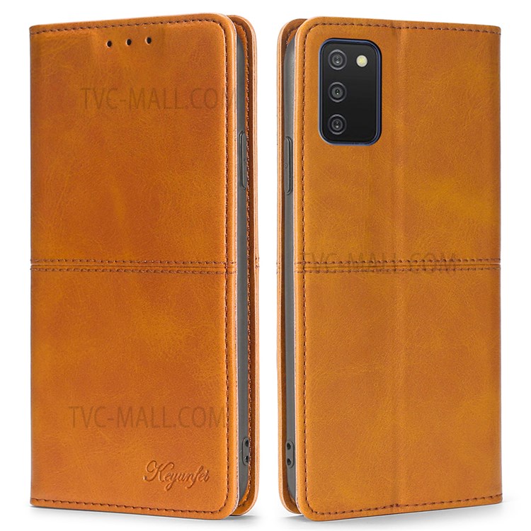 Shockproof Stylish Card Slots Design Auto-absorbed Magnetic Closure Leather Phone Stand Cover for Samsung Galaxy A03s (164.2 x 75.9 x 9.1mm) - Light Brown-1