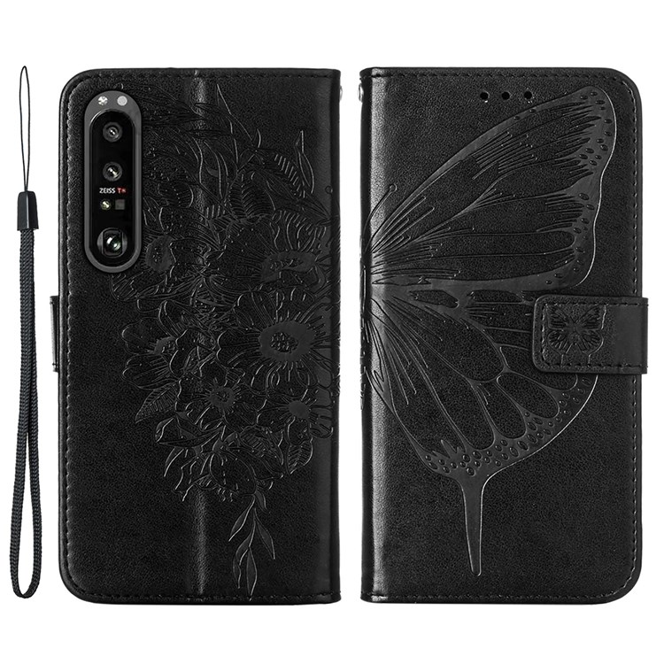 Butterfly Flower Pattern Imprinted PU Leather Wallet Stand Flip Protective Case with Strap for Sony Xperia 1 III 5G - Black-1