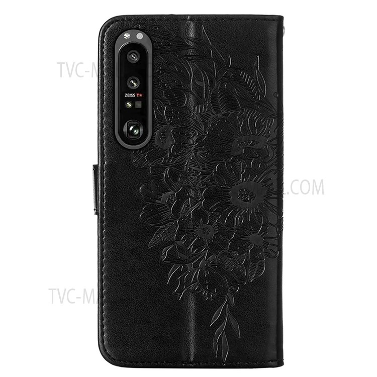Butterfly Flower Pattern Imprinted PU Leather Wallet Stand Flip Protective Case with Strap for Sony Xperia 1 III 5G - Black-3