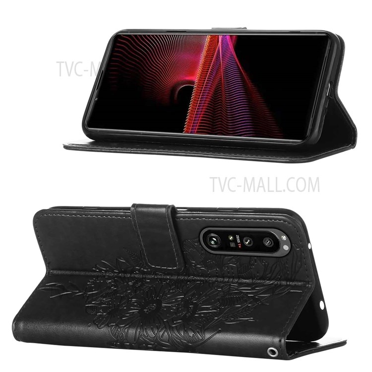 Butterfly Flower Pattern Imprinted PU Leather Wallet Stand Flip Protective Case with Strap for Sony Xperia 1 III 5G - Black-4