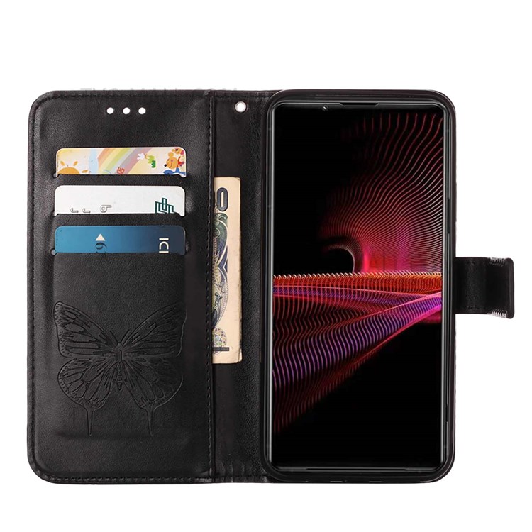 Butterfly Flower Pattern Imprinted PU Leather Wallet Stand Flip Protective Case with Strap for Sony Xperia 1 III 5G - Black-5