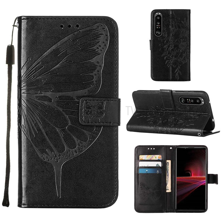 Butterfly Flower Pattern Imprinted PU Leather Wallet Stand Flip Protective Case with Strap for Sony Xperia 1 III 5G - Black-7