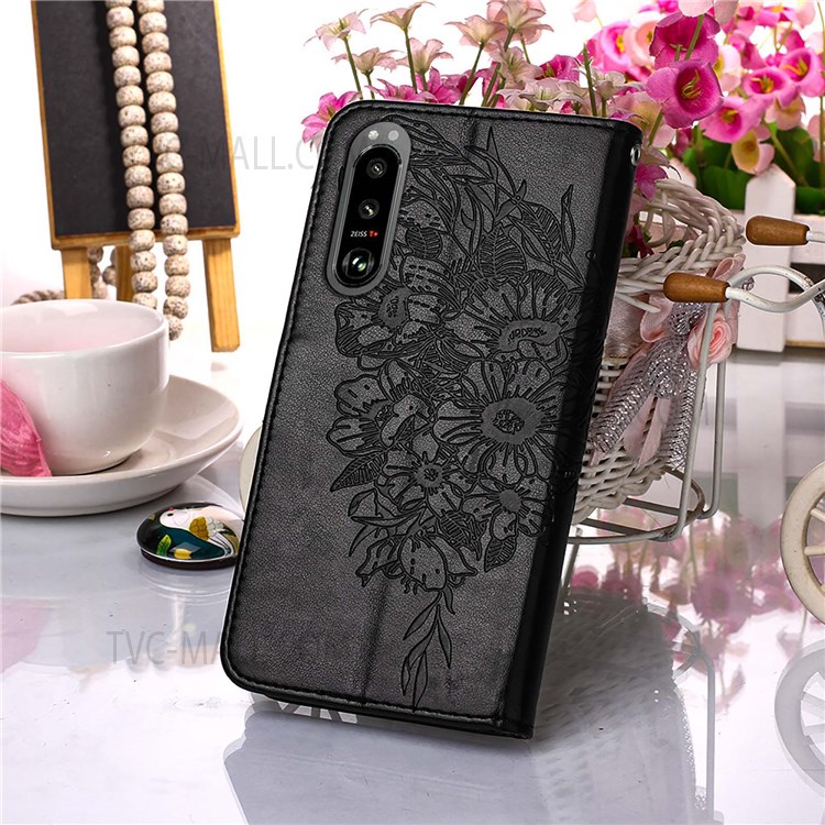Stand Feature Imprinted Butterfly Flower Pattern PU Leather Wallet Flip Shockproof Protective Cover with Strap for Sony Xperia 5 III 5G - Black-6