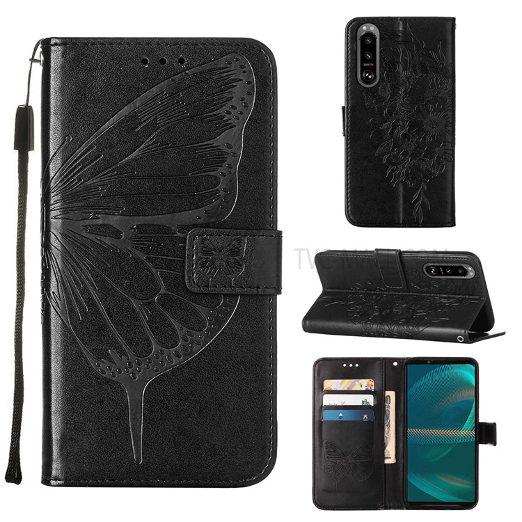 Stand Feature Imprinted Butterfly Flower Pattern PU Leather Wallet Flip Shockproof Protective Cover with Strap for Sony Xperia 5 III 5G - Black-7