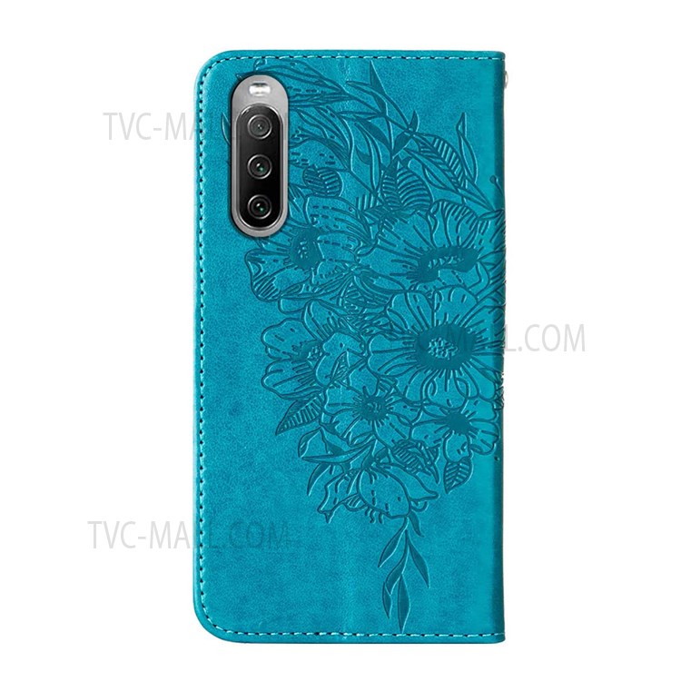 Butterfly Flower Imprinted Wallet PU Leather Flip Stand Full Body Protective Case with Strap for Sony Xperia 10 III 5G - Blue-2