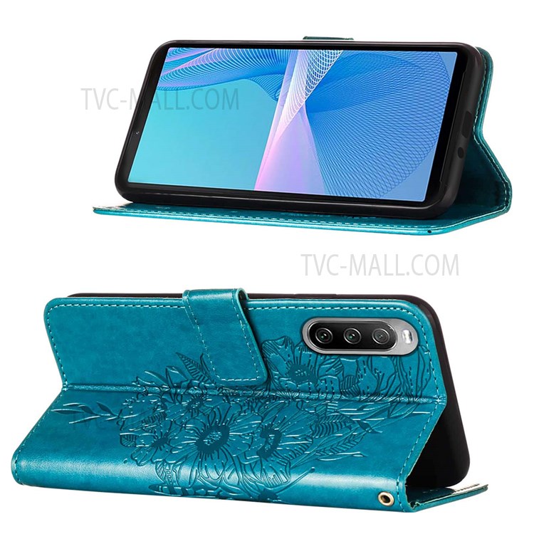 Butterfly Flower Imprinted Wallet PU Leather Flip Stand Full Body Protective Case with Strap for Sony Xperia 10 III 5G - Blue-4