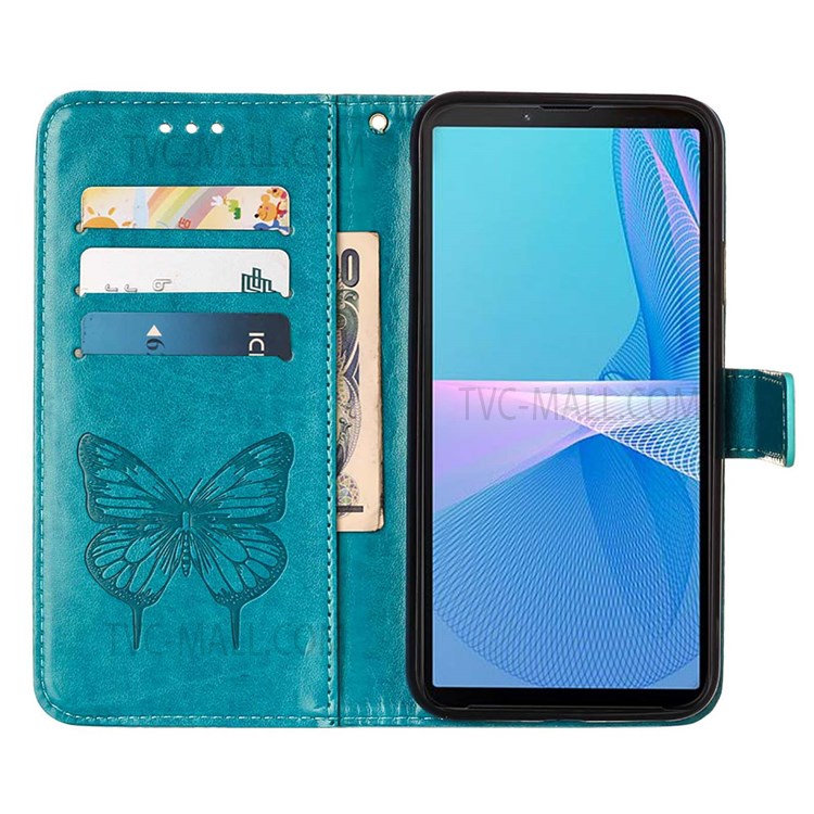 Butterfly Flower Imprinted Wallet PU Leather Flip Stand Full Body Protective Case with Strap for Sony Xperia 10 III 5G - Blue-5