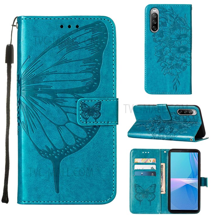 Butterfly Flower Imprinted Wallet PU Leather Flip Stand Full Body Protective Case with Strap for Sony Xperia 10 III 5G - Blue-7