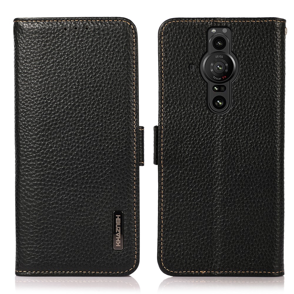 KHAZNEH RFID Blocking Design Shockproof Litchi Texture Genuine Leather Phone Case Cover Wallet Stand Shell for Sony Xperia Pro-I - Black-1