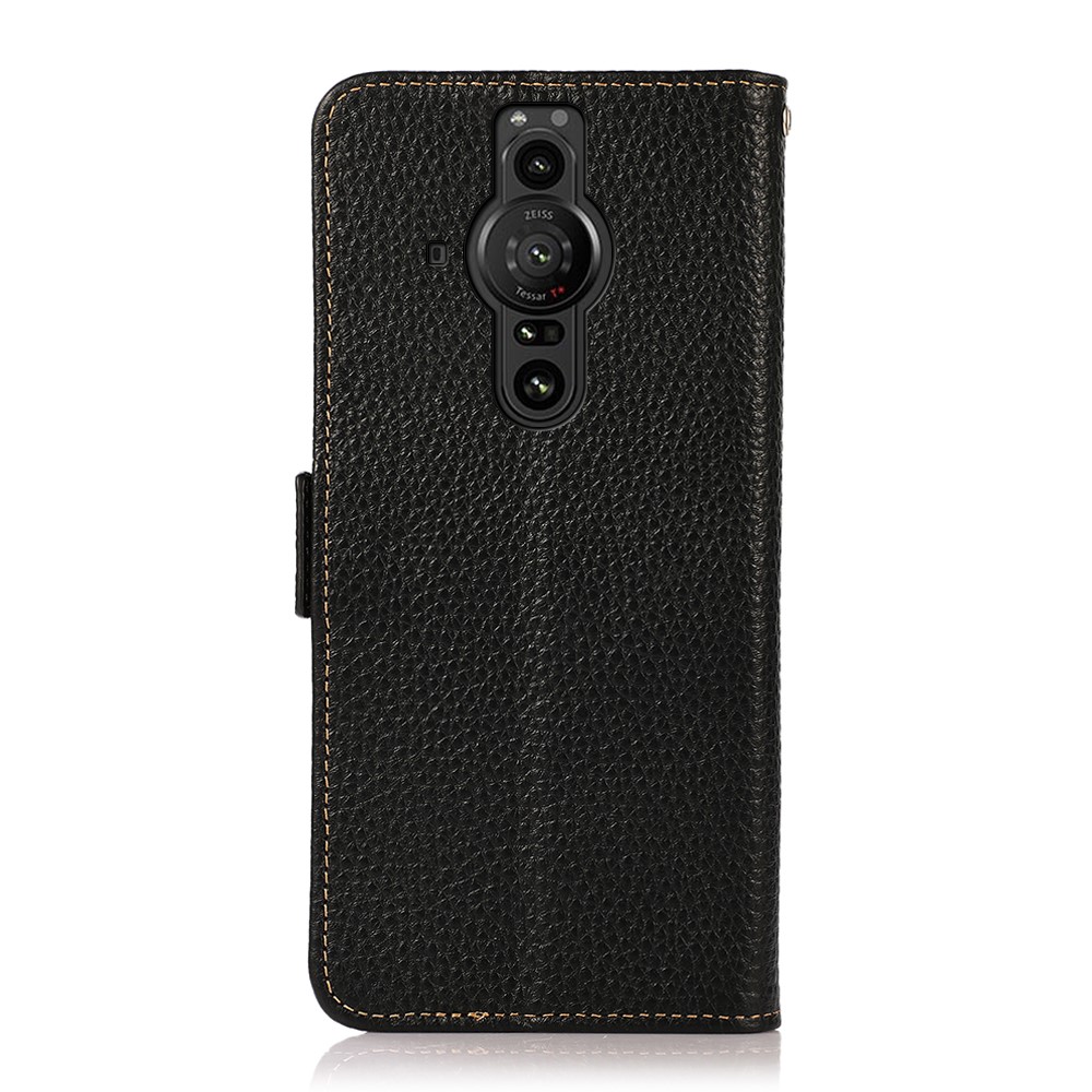 KHAZNEH RFID Blocking Design Shockproof Litchi Texture Genuine Leather Phone Case Cover Wallet Stand Shell for Sony Xperia Pro-I - Black-3