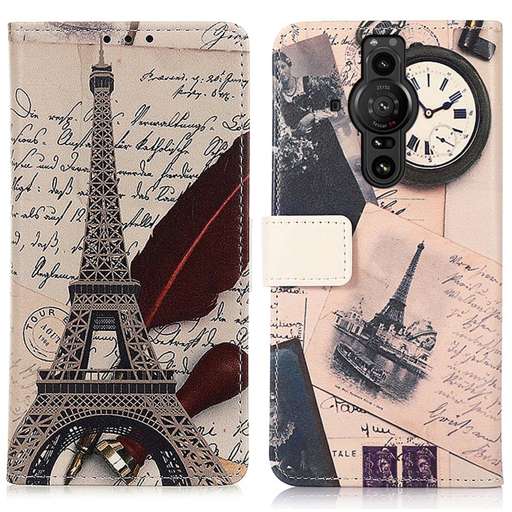 Pattern Printing PU Leather Wallet Case Stand Magnetic Closure Flip Cover for Sony Xperia Pro-I - Eiffel Tower and Feather-1
