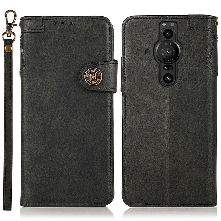 KHAZNEH PU Leather Wrist Strap Scratch-resistant Wallet Magnetic Closure Phone Case Shell with Stand for Sony Xperia Pro-I - Black-1