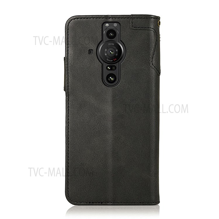 KHAZNEH PU Leather Wrist Strap Scratch-resistant Wallet Magnetic Closure Phone Case Shell with Stand for Sony Xperia Pro-I - Black-3