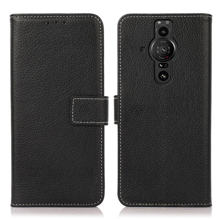 Litchi Texture Leather Phone Cover Non-slip Grip Stand Wallet Case Shell for Sony Xperia Pro-I - Black-1