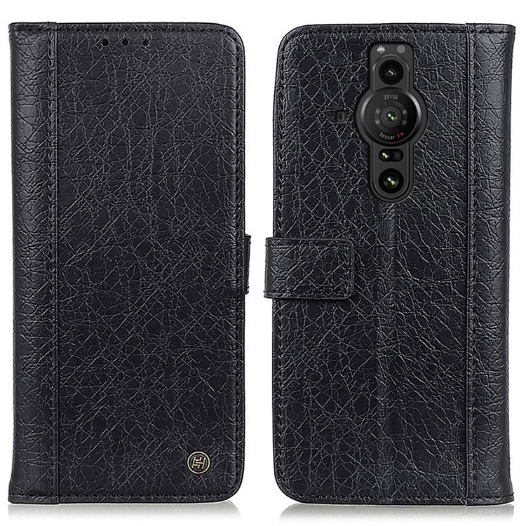KHAZNEH Rhino Textured Split Leather Wallet Case Stand Magnetic Closure TPU Inner Protective Cover for Sony Xperia Pro-I - Black-1