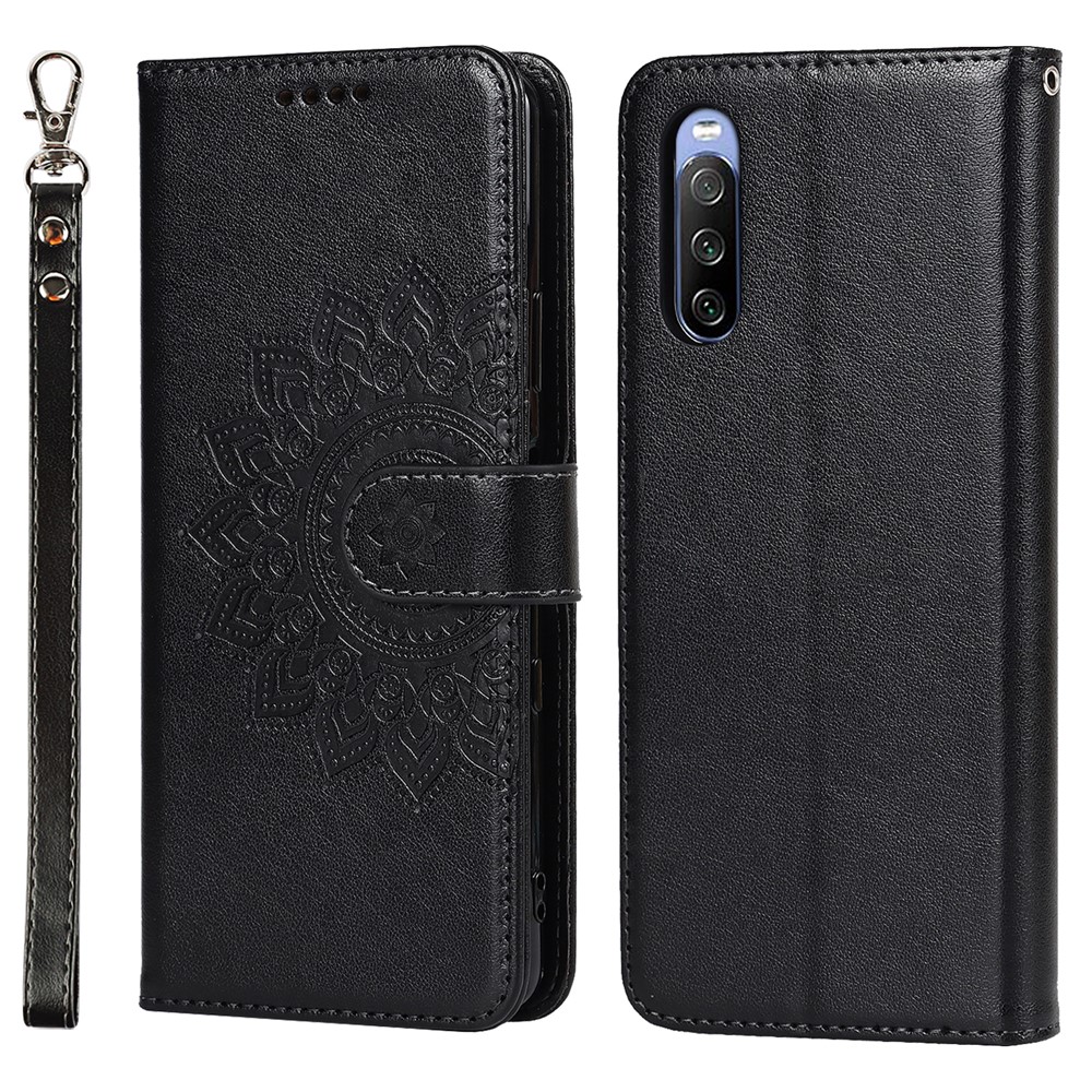 Fall-proof R61 Texture Pattern Imprinting Felled Seam Design PU Leather Wallet Phone Cover Shell for Sony Xperia 10 III 5G/Xperia 10 III Lite - Black-1