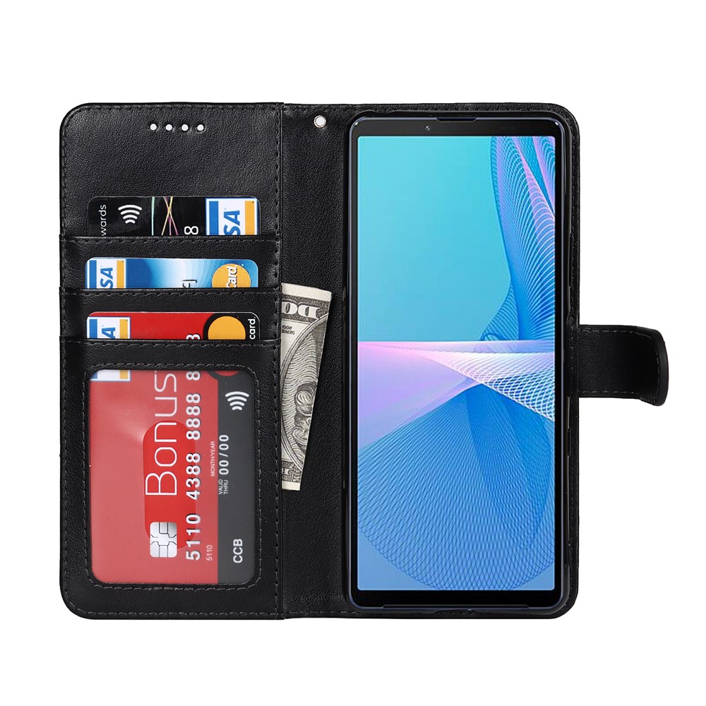Fall-proof R61 Texture Pattern Imprinting Felled Seam Design PU Leather Wallet Phone Cover Shell for Sony Xperia 10 III 5G/Xperia 10 III Lite - Black-4