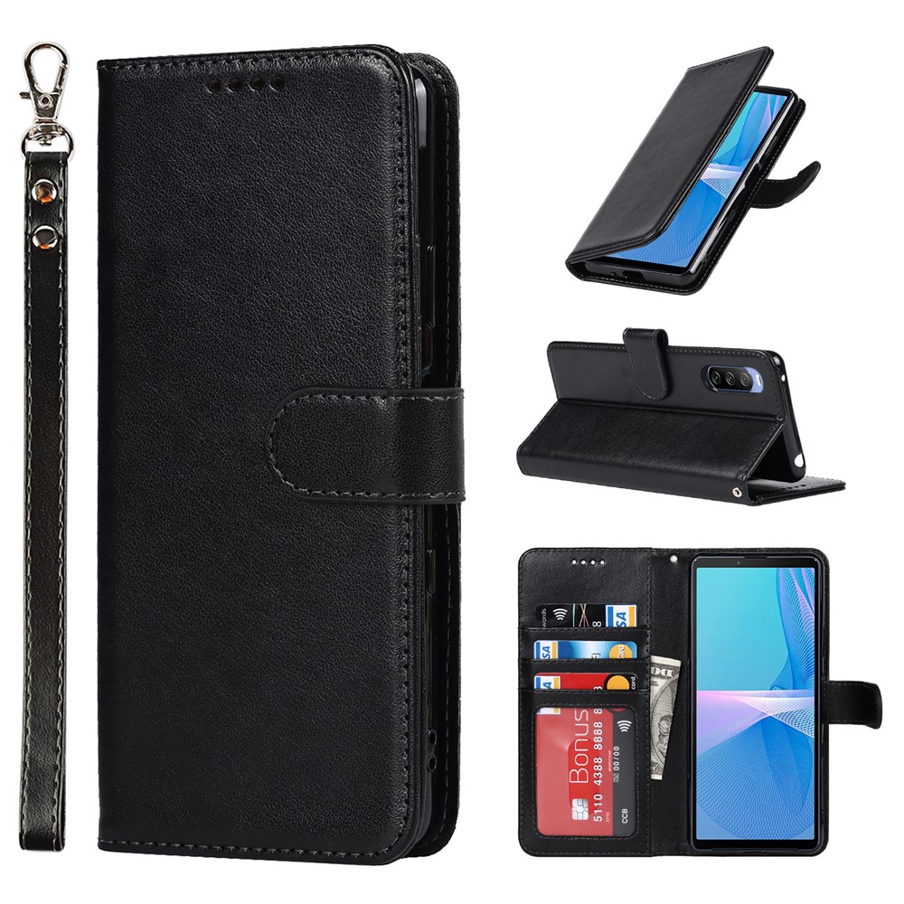 R61 Texture Felled Seam Phone Case PU Leather Anti-scratch Well-protected Wallet Stand Shell with Strap for Sony Xperia 10 III 5G/Xperia 10 III Lite - Black-10
